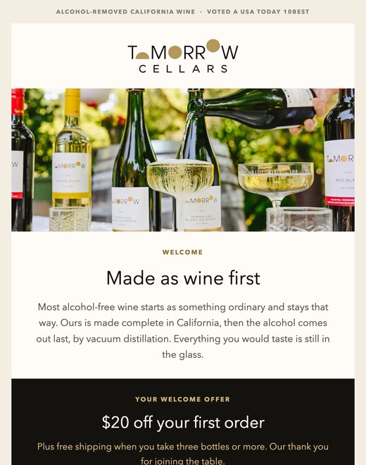 Welcome email built for Tomorrow Cellars
